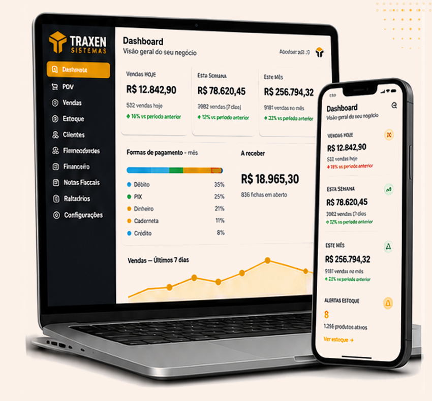 Banner do Traxen Distribuidoras com notebook e celular