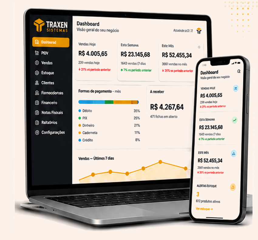 Banner do Traxen Ferragistas com notebook e celular